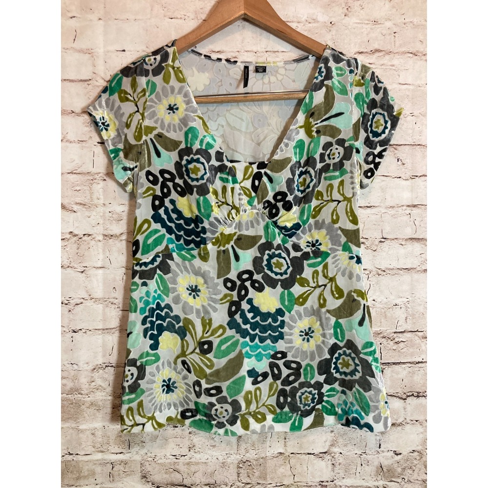 ISDA & CO Silk Velvet Burnout Top XS Turquoise & Olive Retro Florals Babyoll Zip